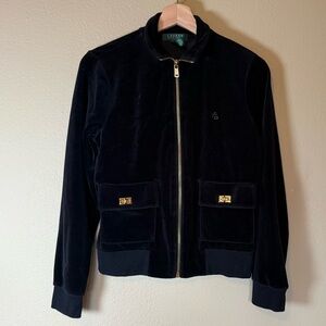 RALPH LAUREN Black Solid Gold Tone Women Velvet Sweat Jacket Size Medium Petite